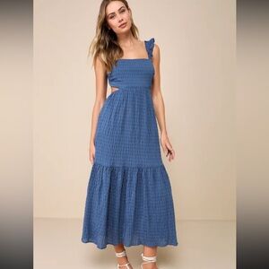 Lulus dreamiest darling blue smocked tie back tiered midi dress
